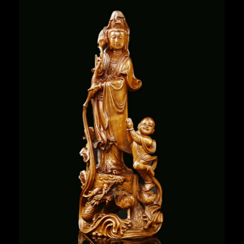 

JY008 -18 x 7.5 x 4 CM Hand Carved Boxwood Carving Figurine : Fairy Kwan-yin Song Zi