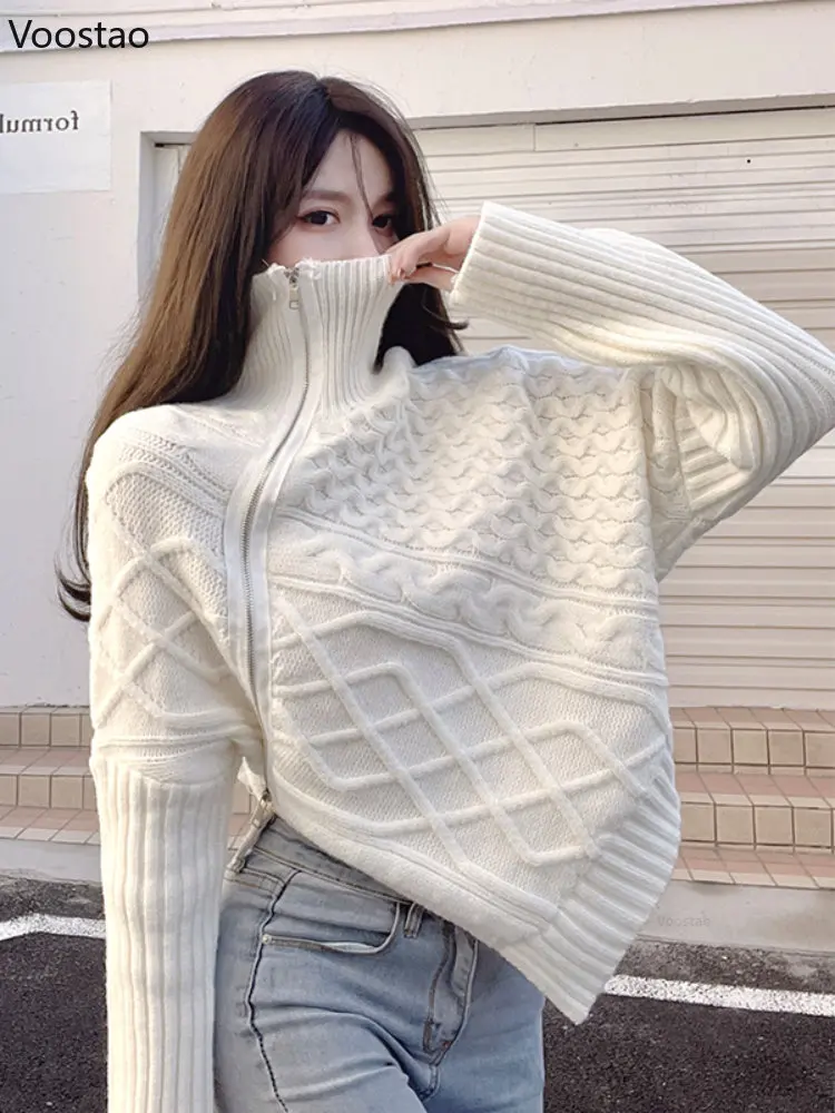 

Autumn Korean Women Turtleneck Knitted Pullover Fashion Casual Loose Irregular Sweater Female Lazy Style Jumper Knitwear Tops