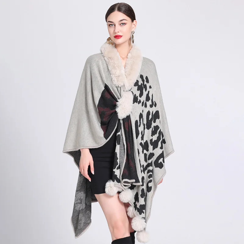 

2 Style Autumn Fur Ball Thick Poncho Cloak Women Printed Leopard Streetwear Female Pompon Criss-Cross Punch Hole Loose Cappa