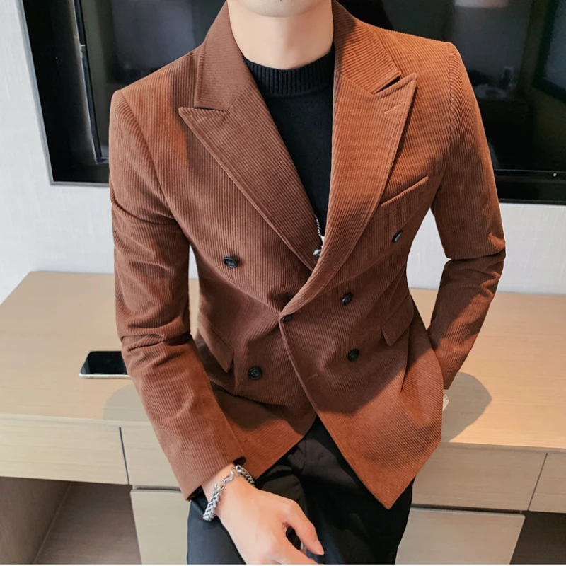 

British Style Corduroy Solid Double-breasted Business Suit Jacket Spring Fall Casual Social Wedding Blazer Men Party Club Tuxedo