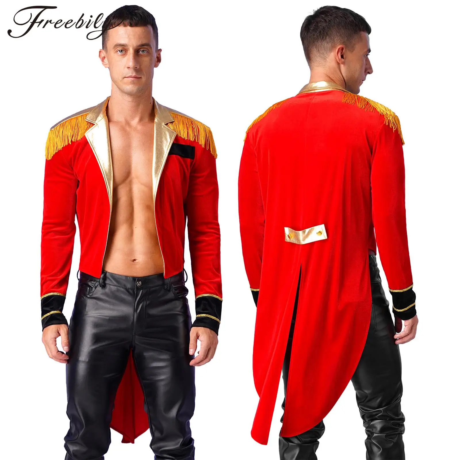 

Mens Circus Ringmaster Showman Cosplay Performance Costume Long Sleeve Metallic Lapel Jacket Tailcoat for Halloween Theme Party