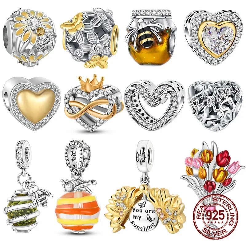 

925 Sterling Silver bee jar bee beads yellow daisy flower pandent Charm Fit Original Pandora Bracelet DIY Bead Ms Jewelry Gift