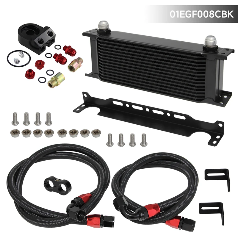 15 Row AN10 7/8"-14 UNF Universal Engine Oil Cooler w/Bracket +Oil Filter Adapter Hose Lines Kit Blue/Black 
15 Row AN10 7/8"-14 UNF Universal Engine Oil Cooler w/Bracket +Oil Filter Adapter Hose Lines Kit Blue/Black