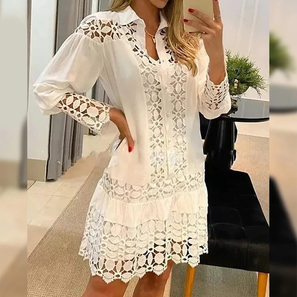 New Women Spring Autumn Sexy Lace Splicing Long Sleeve Cutout Hollowed Out Shirt Ladies Dress Elegant Female Fashion Dress
New Women Spring Autumn Sexy Lace Splicing Long Sleeve Cutout Hollowed Out Shirt Ladies Dress Elegant Female Fashion Dress