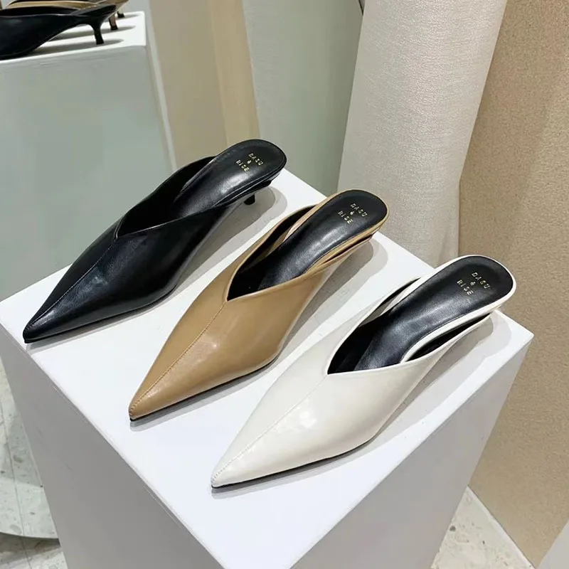 

2024 Sping New Brand Women White Brown Mules Shoes Fashion Pointed Toe Shallow Slip On Slipper Shoes Thin Low Heel Dress Sandal