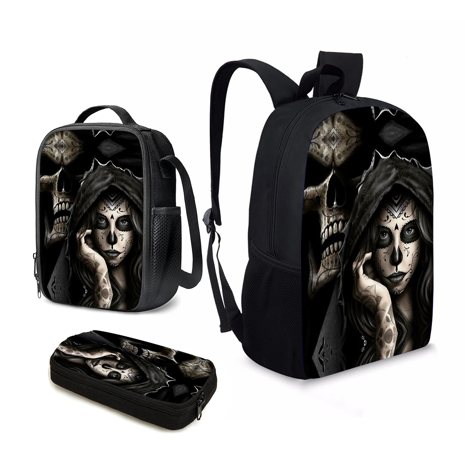 

YIKELUO Sugar Skull Girl Print Teen Casual Backpack Gothic Skull Student Textbook Black Knapsack Insulated Lunch Bag Pencil Case