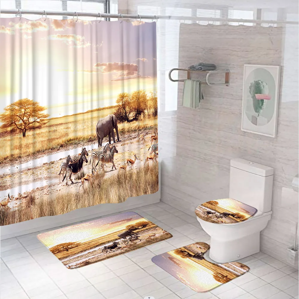 Zebra Elephant Deer Shower Curtain Set Wildlife Animal Grassland Scenery Stream Bathroom Curtains With Bath Mat Rug Toilet Cover
Zebra Elephant Deer Shower Curtain Set Wildlife Animal Grassland Scenery Stream Bathroom Curtains With Bath Mat Rug Toilet Cover