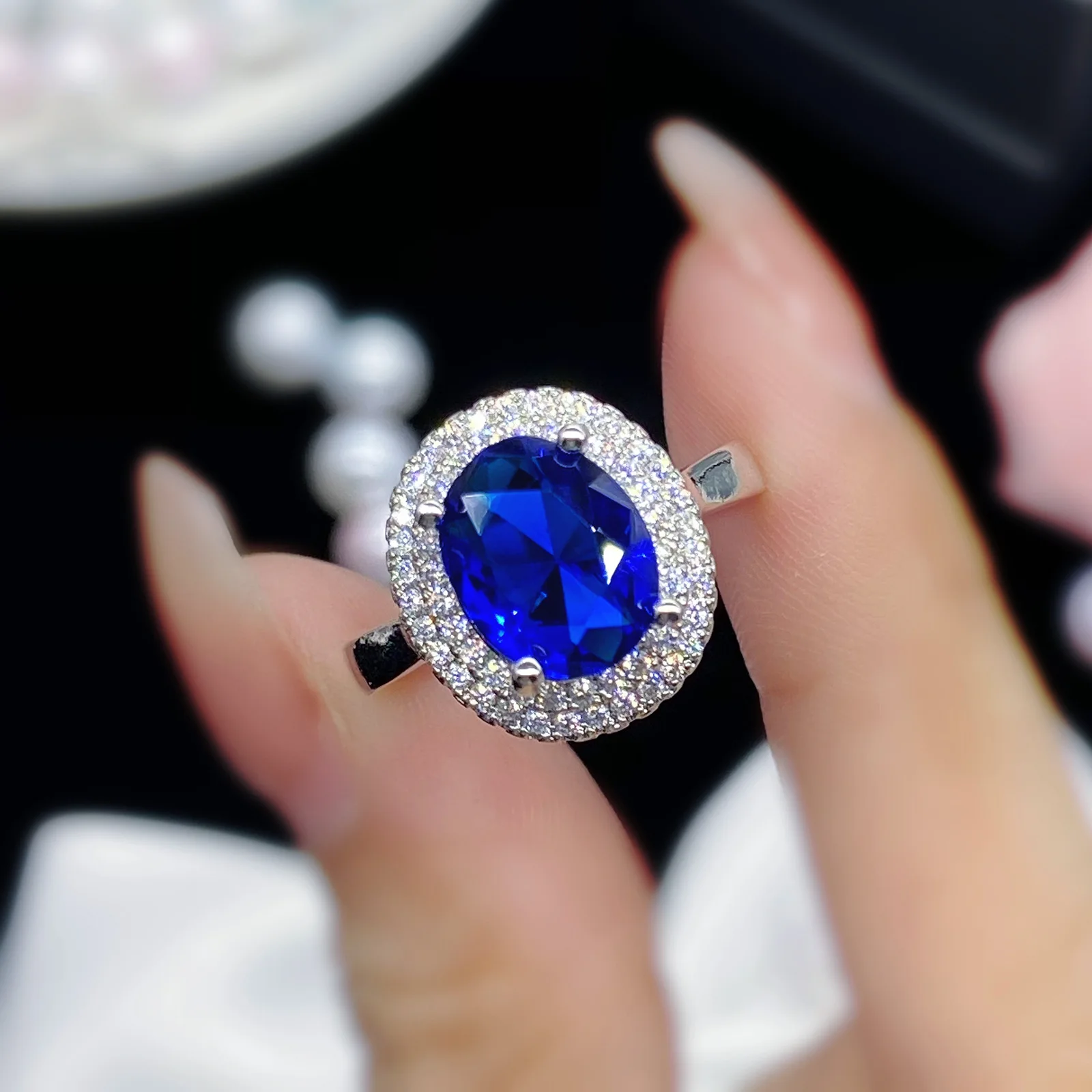 Vintage Female oval 4ct Blue Gemstone Ring Resizable Luxury Jewelry Charm 925 Silver Engagement Wedding Rings For Women |