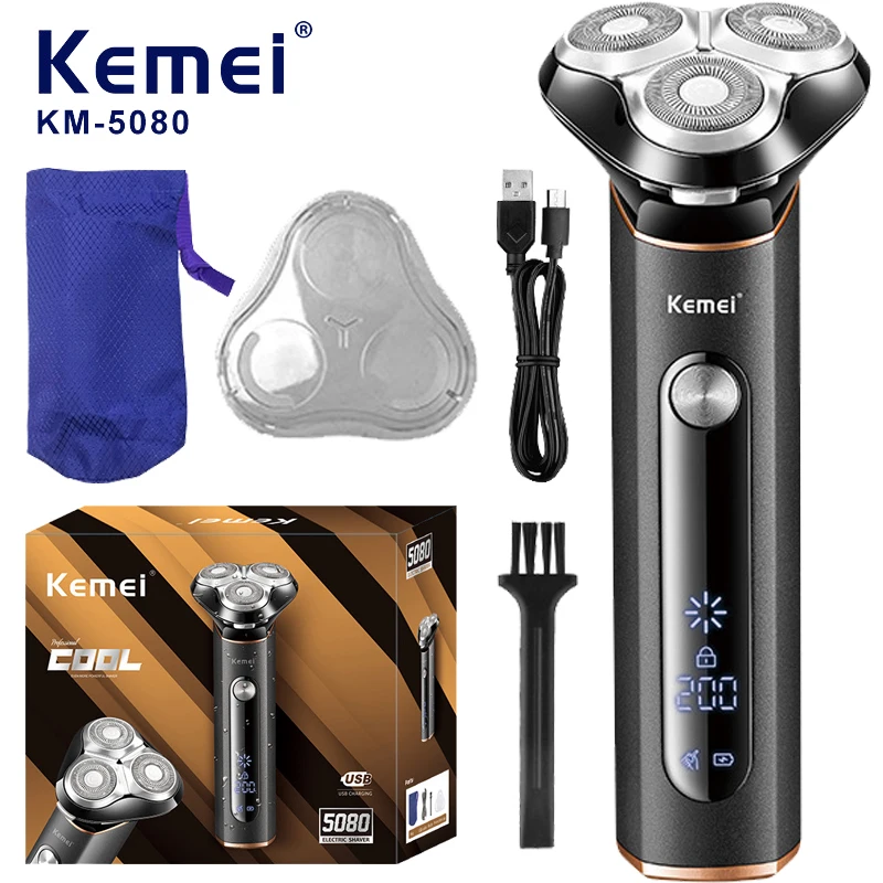 

Электробритва Kemei Мужская аккумуляторная, Вращающаяся бритва для влажного и сухого бритья с ЖК-дисплеем и дорожным замком, идеальный подарок для мужчин