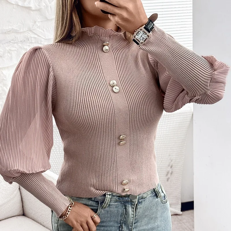 

Elegant Women Ribbed Shirt Top Autumn Winter Long Puff Sleeve O Neck Button Corset Slim Fit T-shirt Y2K Chic Clothes