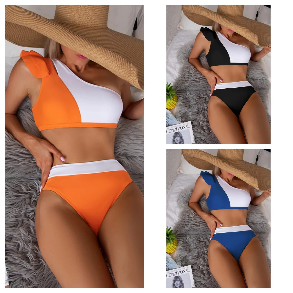 

Bikini 2023 Women Patchwork High Waist Swimsuit Sexy One Shoulder Beachwear Push Up Bathing Suit Cutout Swimwear Two Piece Swims