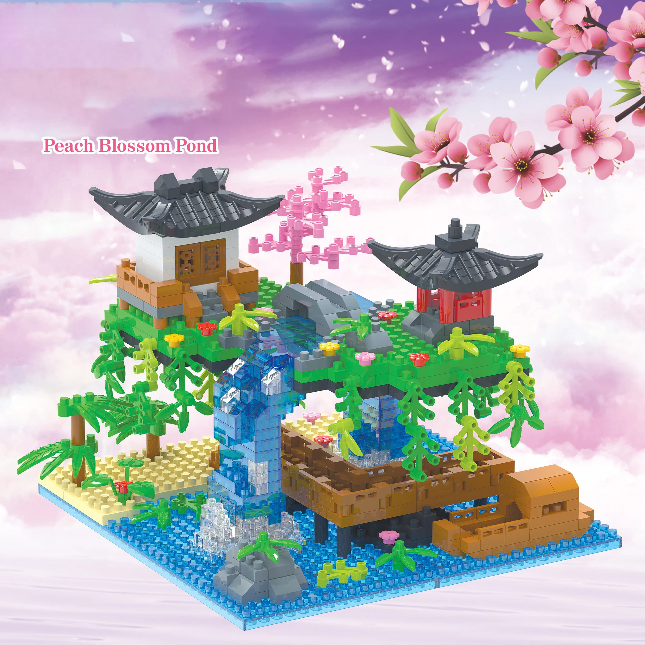 

Micro particle building blocks Peach Blossom Pond High difficulty antique architecture Children's puzzle assembly toys