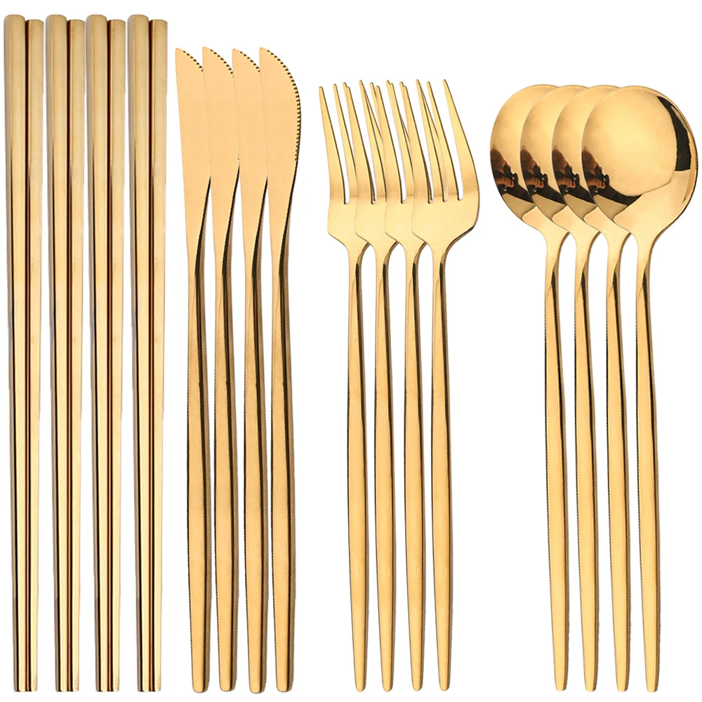 

16Pcs Tableware Sets Stainless Steel Cutlery Mirror Flatware Kitchen Knife Forks Spoons Chopsticks Dinner Dinnerware Kitchen