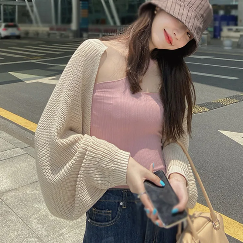 

VOLALO Women Long Sleeve Knitted Crop Top Chic Cardigans Sexy Shawl Irregular Bolero Elegant All-match Korean Style Femme