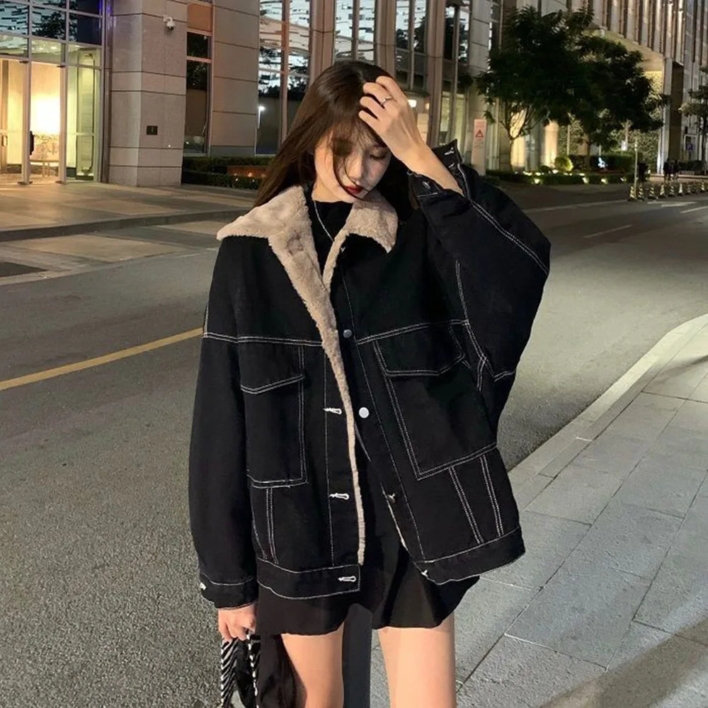 Black Denim Fleece Coat For Women Turn Down Collar Long Sleeve One Breasted Cotton Jackets Plus Size Female Warm Padded Overcoat
Black Denim Fleece Coat For Women Turn Down Collar Long Sleeve One Breasted Cotton Jackets Plus Size Female Warm Padded Overcoat