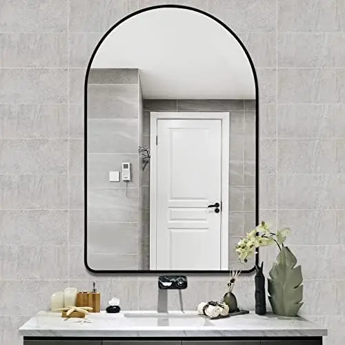 

-Зеркало для ванной комнаты 24x36 изогнутое для стены черное металлическое каркасное зеркало декоративное для спальни, туалетного столика, прихожей, Livin