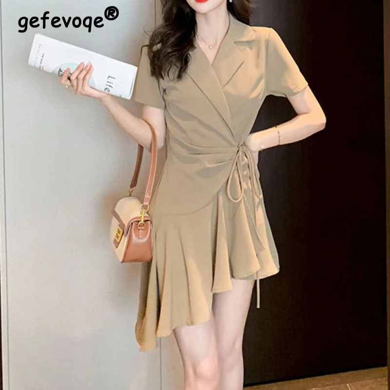 Fashion Solid Irregular Lace Up Fold Dress Women Spring Summer Short Sleeve Office Lady Lapel Black Mini Dresses Female Clothing
Fashion Solid Irregular Lace Up Fold Dress Women Spring Summer Short Sleeve Office Lady Lapel Black Mini Dresses Female Clothing