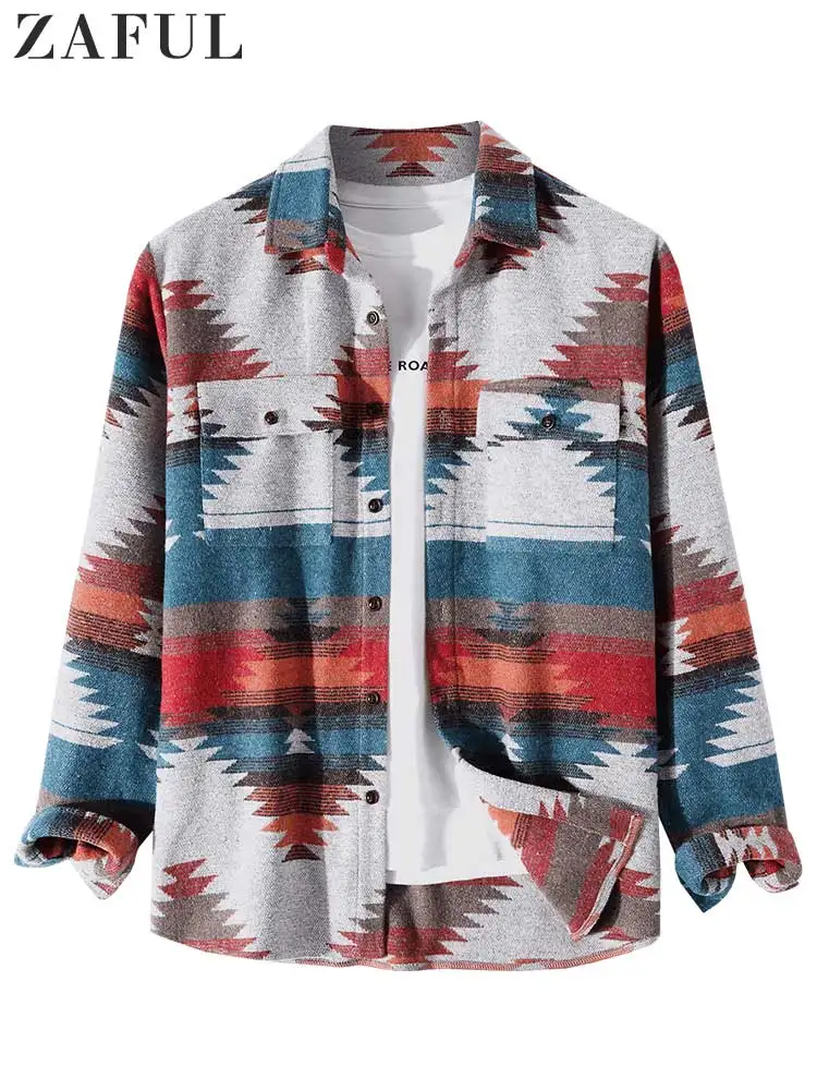 

ZAFUL Shirt Jacket for Men Tribal Geometric Print Blend Wool Ethnic Jacket Blouse Outerwear Fall Winter Long Sleeve Shacket Tops