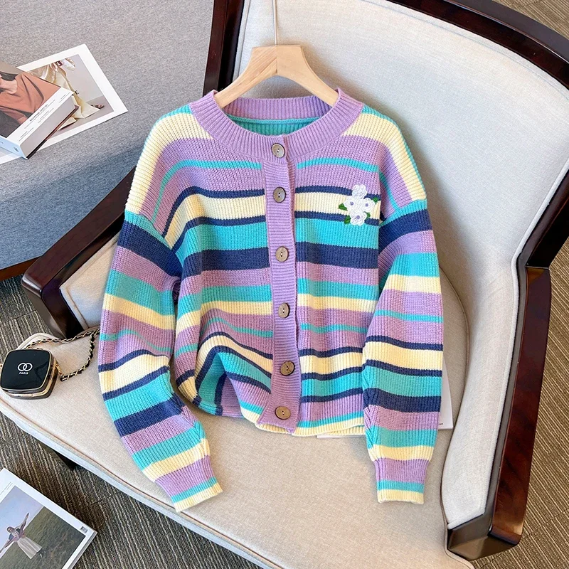 Chic Embroidery Knitted Cardigan Sweater Women Striped Knitwear Coat Long Sleeve Casual Loose Outwear Female Cropped Cardigans
Chic Embroidery Knitted Cardigan Sweater Women Striped Knitwear Coat Long Sleeve Casual Loose Outwear Female Cropped Cardigans