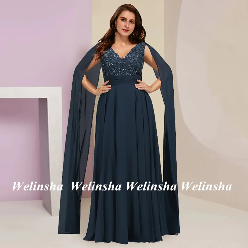 

Navy Blue Mother of The Bride Dress Plus Size V Neck Sequined Applique Chiffon A Line Wedding Guest Gown Party Dresses Long