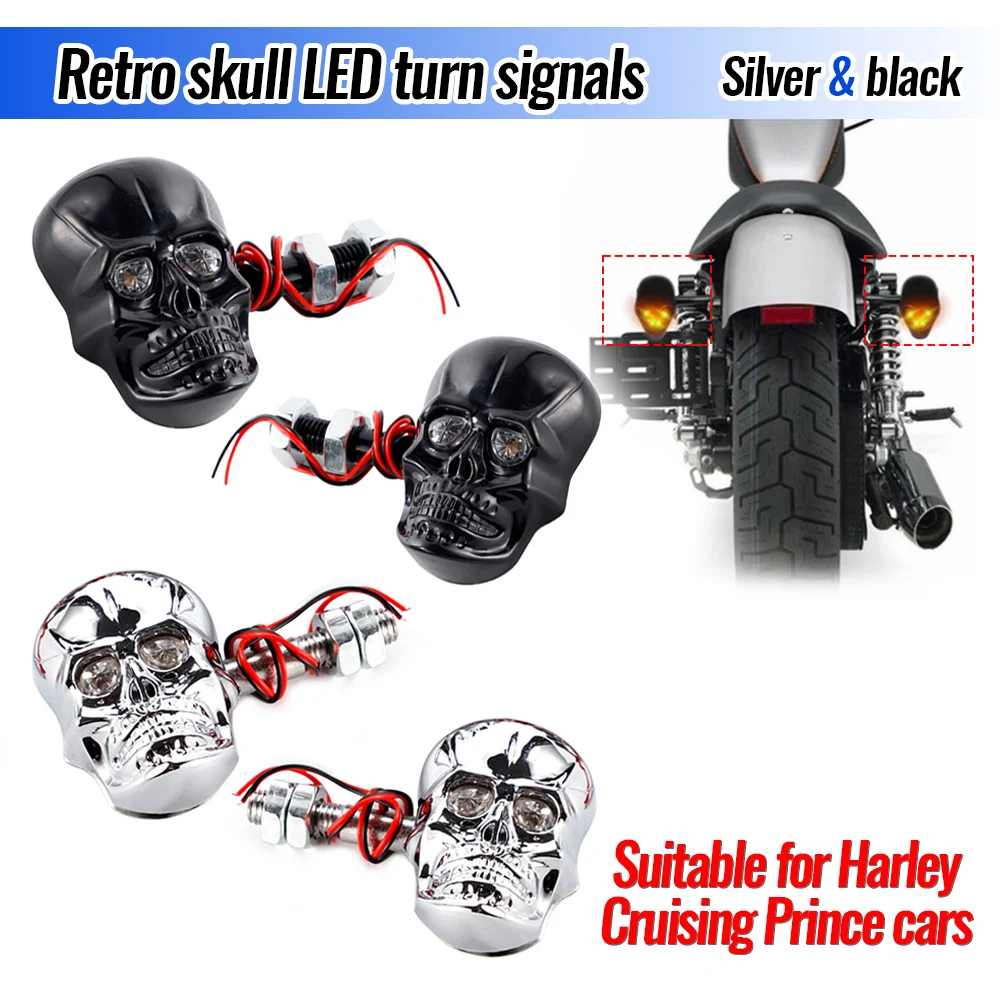 

12V 2Pcs Motorcycle LED Turn Signal Lights For Harley Cruise Crown Prince Punk Retro Skull Modified Moto Lamp Accessories
