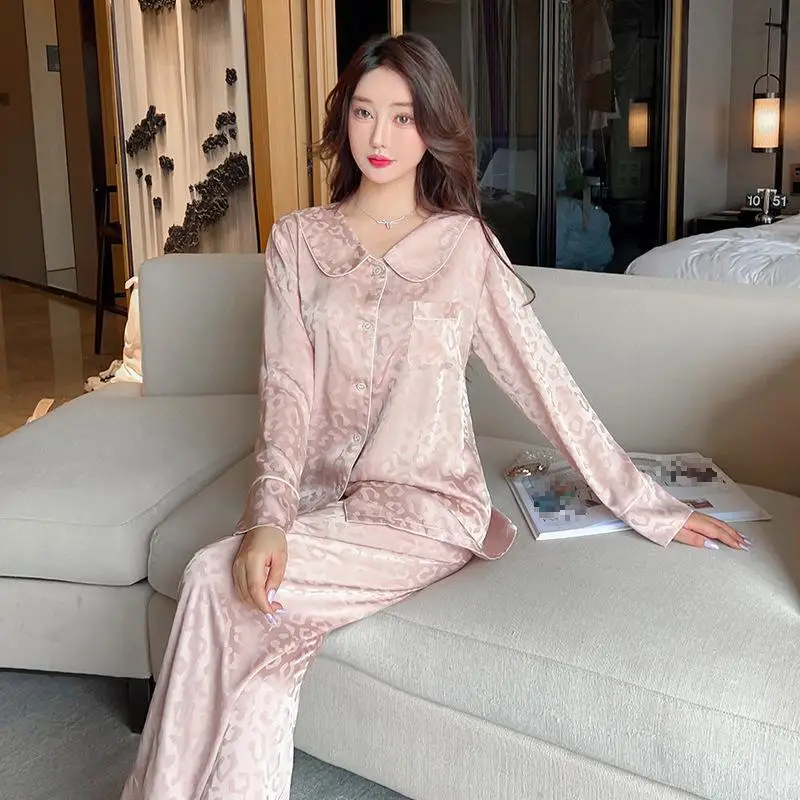 

Pink Female 2PCS Pajamas Set Spring Summer Silky Satin Sleepwear Lingerie Long Sleeve Trouser Pijamas Suit Loose Home Clothes