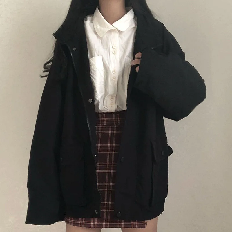Black Jackets Women Harajuku Solid Zipper Loose Pocket Design Coats Fall Casual Vintage Korean High Student Lovely Outwear
Black Jackets Women Harajuku Solid Zipper Loose Pocket Design Coats Fall Casual Vintage Korean High Student Lovely Outwear
