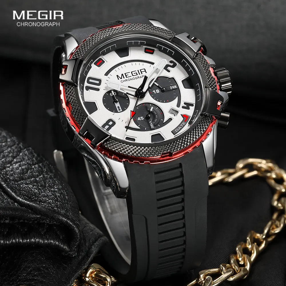 

MEGIR Men's Watches with Calendar Chronograph Fashion Waterproof Sport Quartz Wristwatch With Auto Date 24-hour Indicator Red