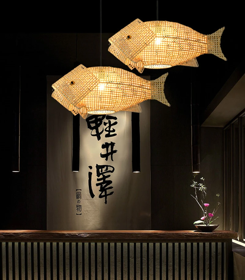 

Carp Lantern New Chinese Restaurant Chandelier Coffee Shop Creative Fish Japanese Sushi Southeast Asia bamboo Pendant Light