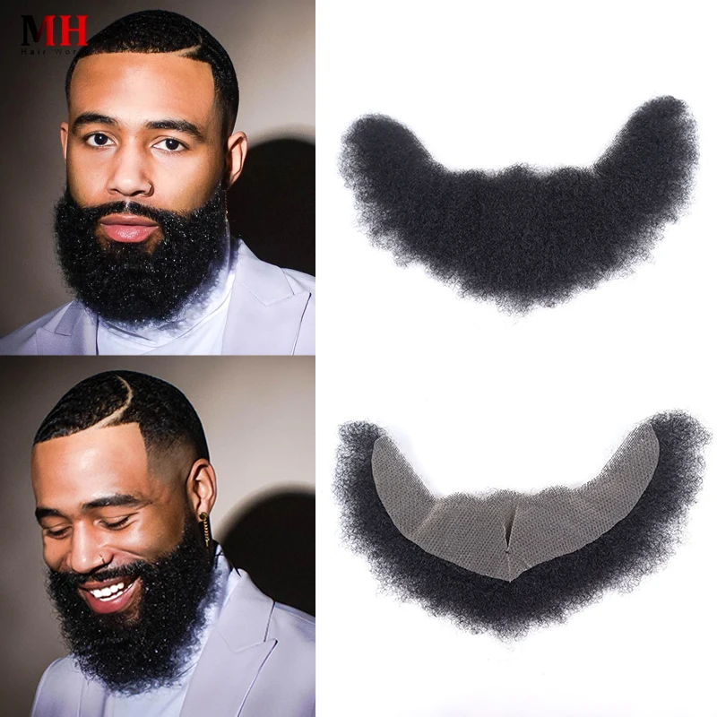 

Human Hair Afro Curl Black Real Face Beard Mustache For Men Male Realistic Makeup Handmade Lace Base Replace System