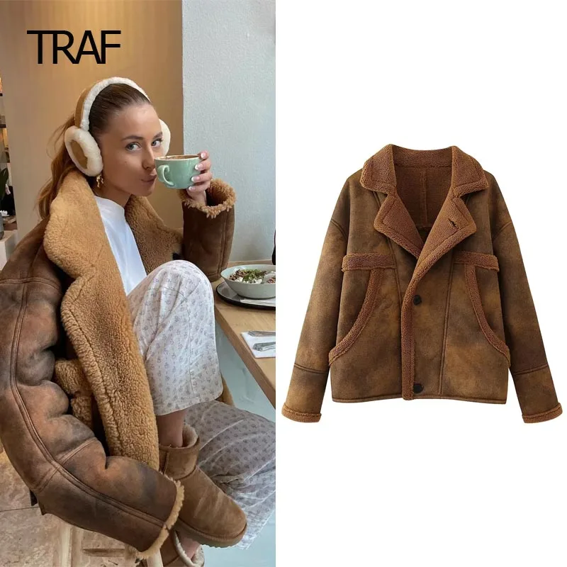 

TRAF Faux Fur Coat Women's Bomber Jacket Autumn Winter Tie Dye Cropped Long Sleeve Top New In Jackets Demi-Season Warm Jackets