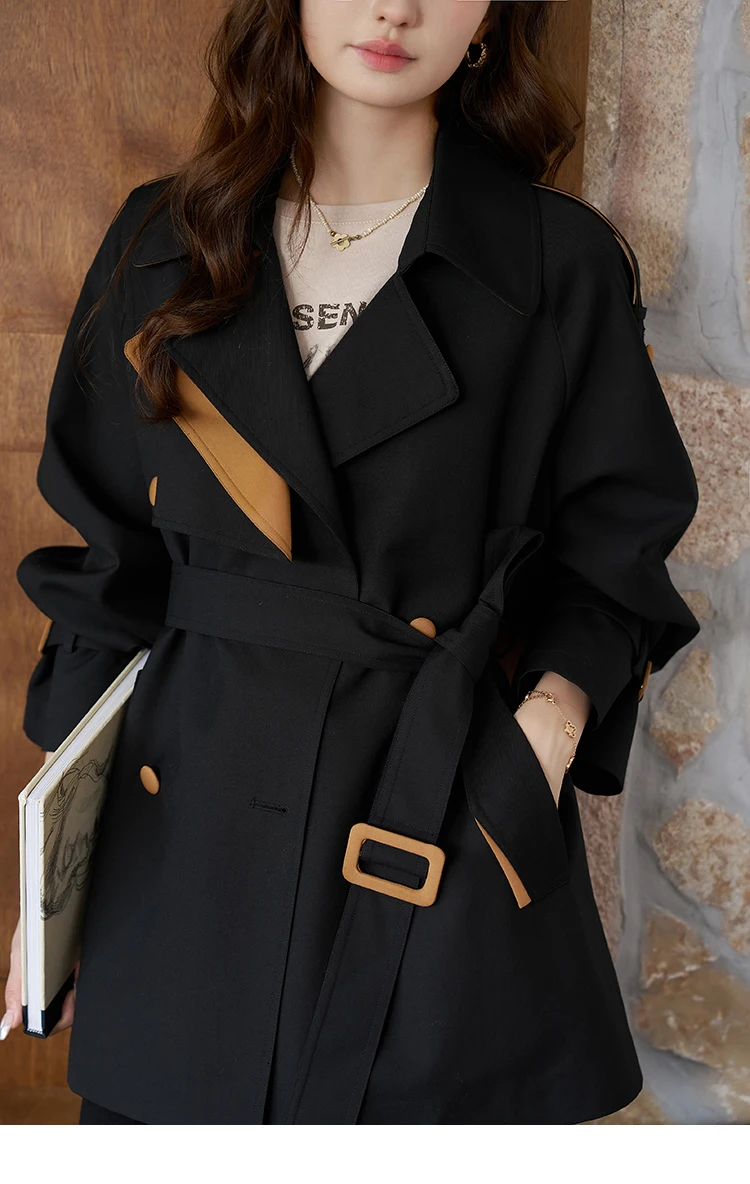 MISHOW Women's Trench 2024 Autumn Vintage Contrast Turn-down Collar Loose Female with Belt Double Breasted Solid Coat MXC44W0040 MISHOW Women's Trench 2024 Autumn Vintage Contrast Turn-down Collar Loose Female with Belt Double Breasted Solid Coat MXC44W0040
