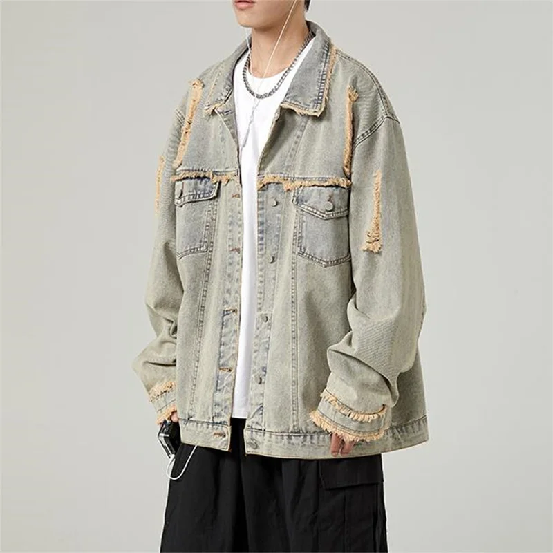 

Vintage Nostalgic Wash Trendy Brand Jean Jacket Men's Spring Autumn Loose Port Fashion Casual Denim Coat Men Outerwear Tops XXXL