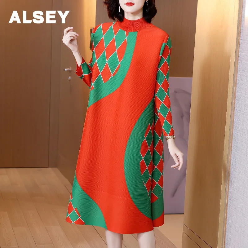 

Плиссированное Повседневное платье ALSEY Miyake для женщин, новинка весенне-летнего сезона, Высококачественная модная Свободная Женская одежда в стиле ретро с принтом, большие размеры