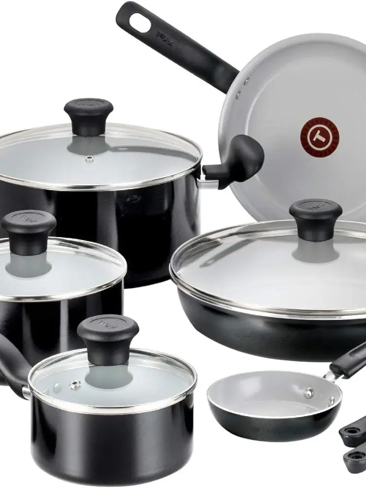 

T-fal Initiatives Ceramic Nonstick Cookware Set 14 Piece Oven Safe 350F Pots and Pans Black