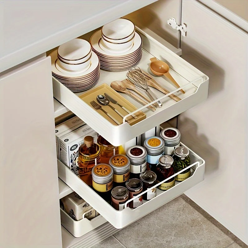 

1set Pull Out Organizer, No-drill Slide Out Type Shelves, Multipurpose Single Layer Sliding Cabinet Drawers, For Kitchen And Bat