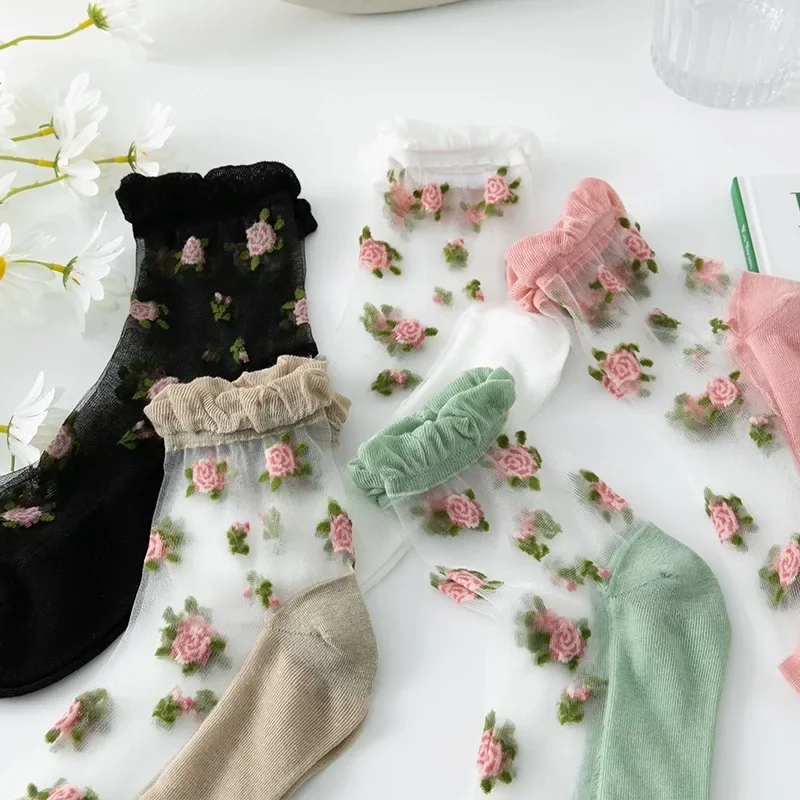 

1 Pair Women Flower Sock Summer Lace Crystal Glass Silk Socks Short Thin Transparent Roses Jacquard Elastic Ultra Thin Socks