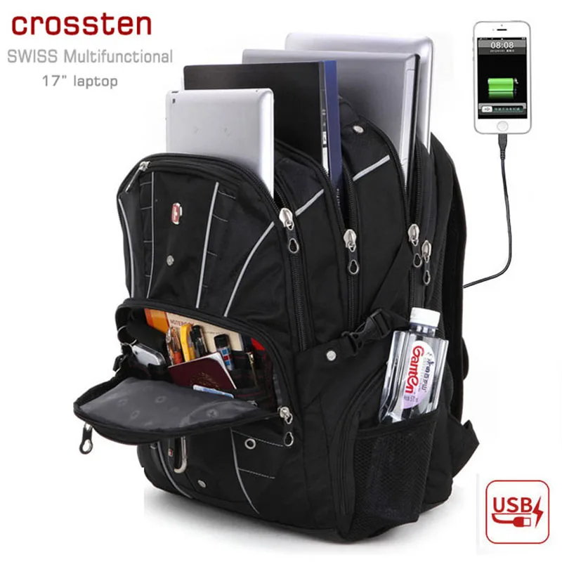 

Crossten Swiss-Multifunctional USB Charging Port 17 inch Laptop Backpack Water Resistant Anti-theft lock Travel bag Schoolbag