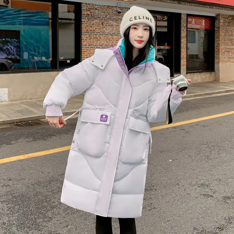 

Winter Jacket Women 4XL Cotton Coat 2023 New Korea College Style Fashion Contrasting Colors Loose Long Zipper Hooded Warm Parka
