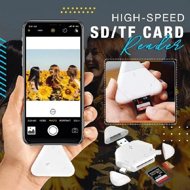 

Устройство для чтения SD-карт с магнитной крышкой, треугольный дизайн, OTG Micro USB для камеры, устройство чтения TF-карт, USB C Lightning для iPhone