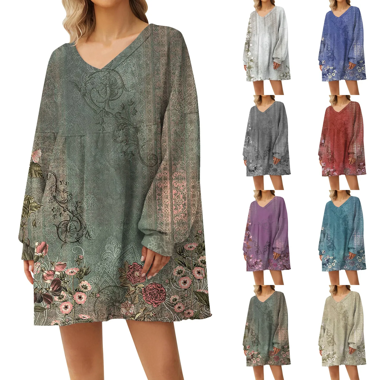 Women's Fashion Casual Floral Print Large Sweatshirt V-Neck Long Sleeve Loose Dress Youthful Versatile Dress ropa de mujer 
Women's Fashion Casual Floral Print Large Sweatshirt V-Neck Long Sleeve Loose Dress Youthful Versatile Dress ropa de mujer