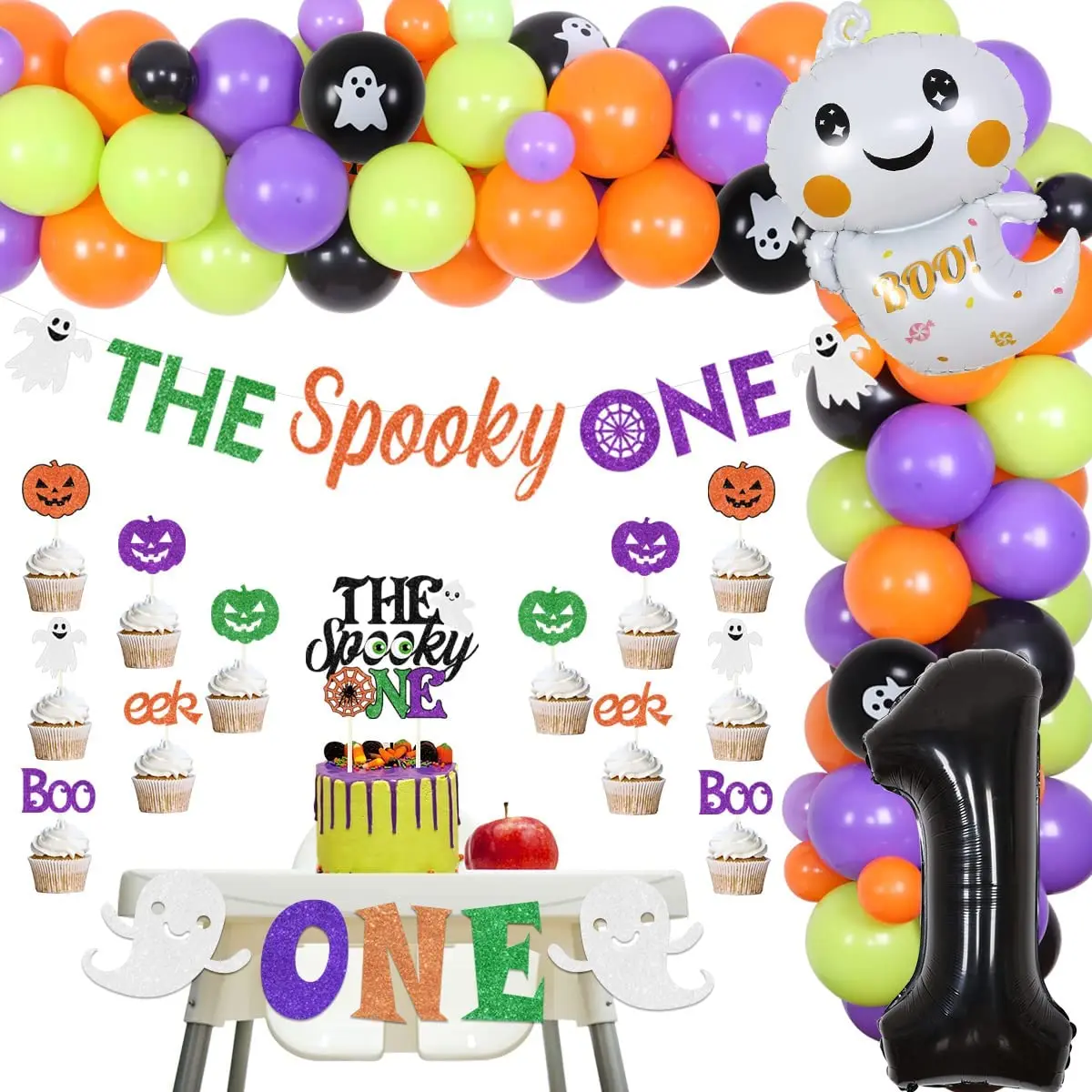 

Funmemoir The Spooky One Halloween 1st Birthday Party Decorations Ghost Balloon Garland Arch Kit Banner Pumpkin Boo Cake Topper