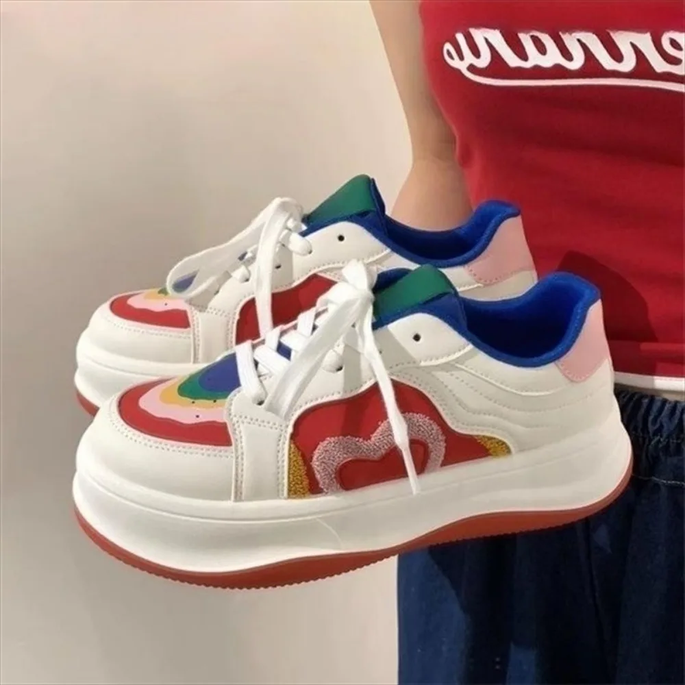 

Womens Round Toe Match Colors Sneakers Lace Up Platform Flats Girls Shoes Causal Sport Skateboard New 2024