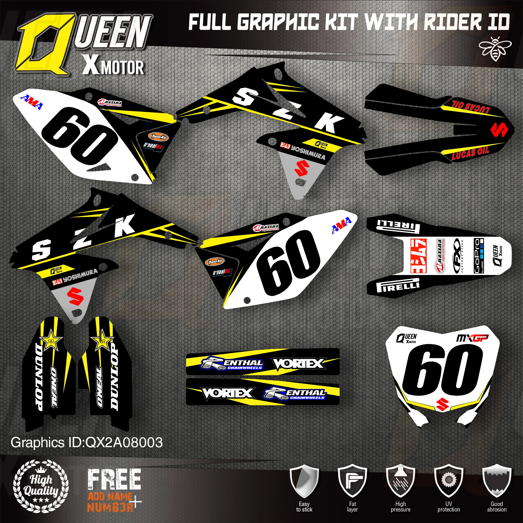 Queen X MOTOR Custom Team Graphics Decals Stickers Kit For SUZUKI Decal 2008-2017 RMZ450 003
Queen X MOTOR Custom Team Graphics Decals Stickers Kit For SUZUKI Decal 2008-2017 RMZ450 003