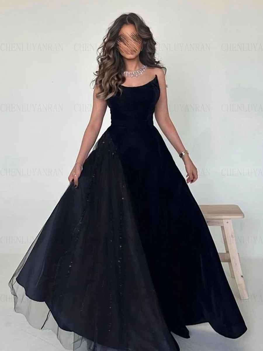 

Simple Velour Formal Occasion Dresses 2023 Strapless A-line Sexy Ball Gown Black Lace Up Long Evening Party Gowns فساتين الحفلات