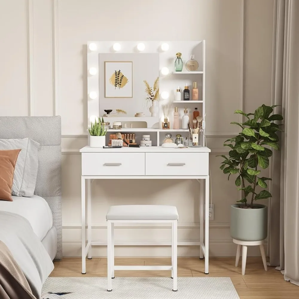 White Makeup Dressing Table With 2 Drawers Chair Vanity Desk Set With Mirror and Lights for Bedroom Furniture Home
White Makeup Dressing Table With 2 Drawers Chair Vanity Desk Set With Mirror and Lights for Bedroom Furniture Home