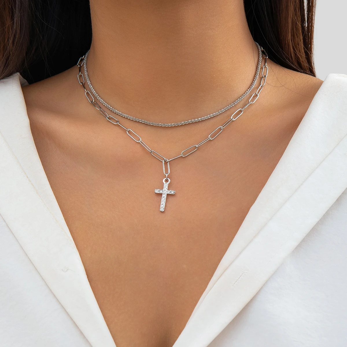 

PuRui Punk Full Rhinestone Cross Pendant Choker Silver Color Metal Link Chain Necklace Charm Neck Chain Jewelry Collar Party