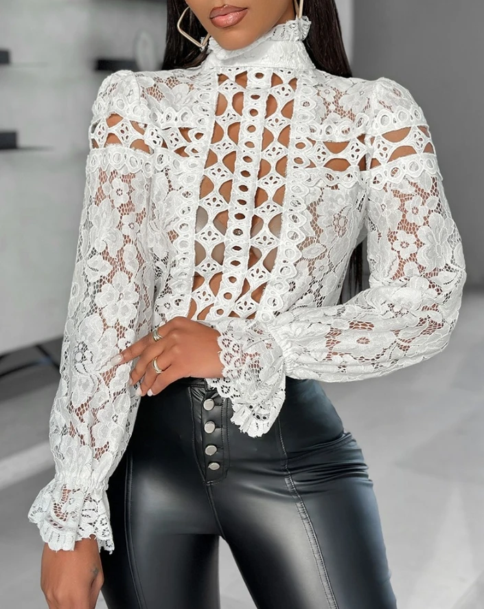 

Sexy Women's Lace Blouse 2024 Spring New Fashion Hollow Out Long Sleeve Crochet Lace Top Semi-Sheer Mock Neck Blouses