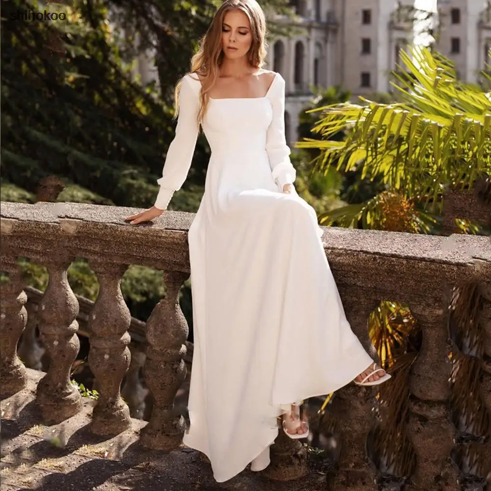 Фото Простое свадебное платье с длинным рукавом для женщин 2022 скромные платья невесты