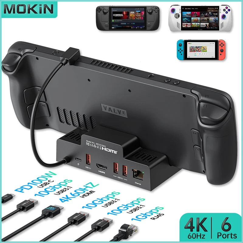 

Док-станция MOKiN 6 в 1 для Steam Deck, ROG Ally, ноутбука — USB3.1, HDMI 4K60 Гц, RJ45 1 Гбит/с Ethernet, подача питания PD 100 Вт